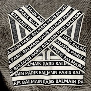 BALMAIN Black & White Wrap Crossover Logo Crop Top